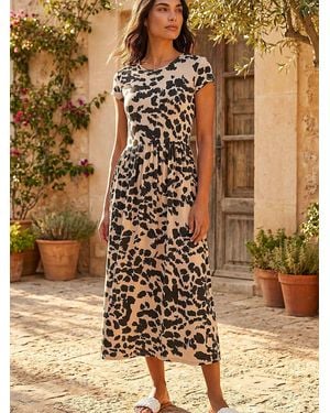Roman Animal Print Gathered Waist Midi Dress - Natural