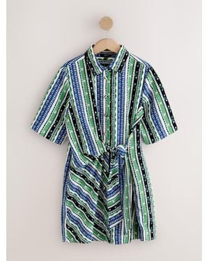 Next Long Sleeve Mini Wrap Waist Shirt Dress - Blue