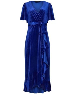 M Com Velvet Wrap Ruffle Dress - Blue