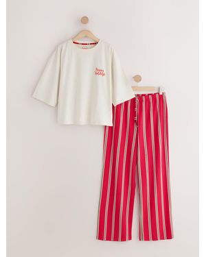 Next Ecru Happy Holidays Matching Family Christmas Short Sleeve Pajamas - Pink