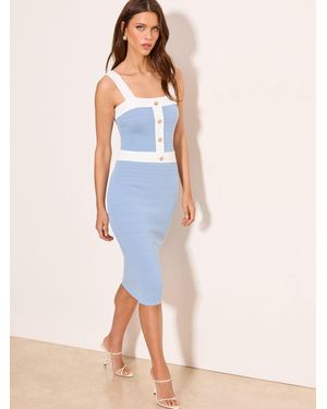 Lipsy Tipped Buttoned Strappy Midi Knit Bandage Dress - Blue