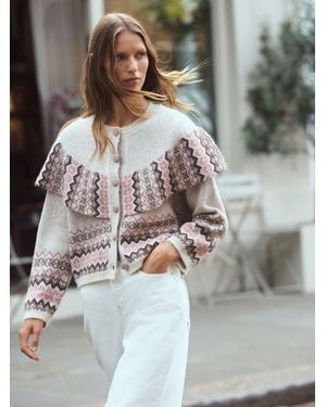 Next Neutral/ Fairisle Long Sleeve Button Through Cape Cardigan - Gray