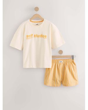 Self Slogan Pajamas Shorts Set - Natural
