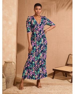 Love & Roses V-Neck Ruched Sleeve Midi Dress - Blue