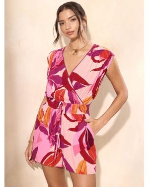 Lipsy Tropical Print Abstract Print V-Neck Wrap Short Sleeve Tie Back Playsuit - Pink