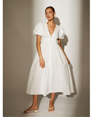 South Beach Puff Sleeve Button Detail 100% Cotton Midi Dress - Natural