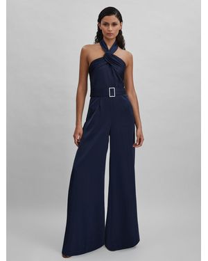 Halston Satin Halter Neck Jumpsuit, Camel & Ecru - Blue