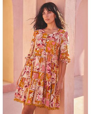 Roman Patchwork Smock V-Neck Dress - Orange