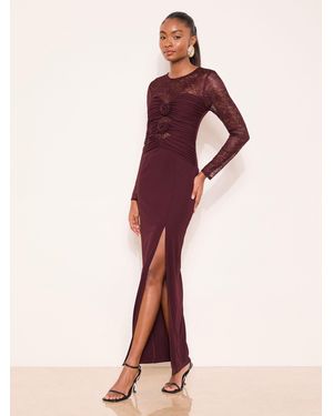 Lipsy Burgundy Lace Trim Ruched Maxi Dress - Red