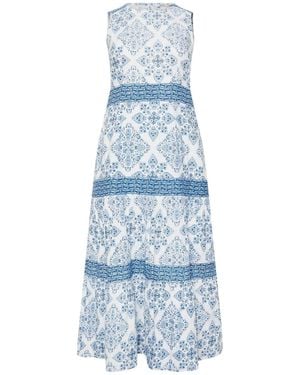 M Com Petite Tile Print Border Tiered Dress - Blue
