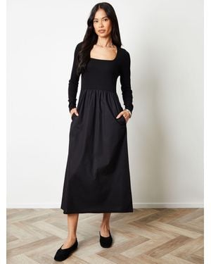 Threadbare 2-In-1 Jersey Poplin Mix Square Neck Long Sleeve Dress - Schwarz