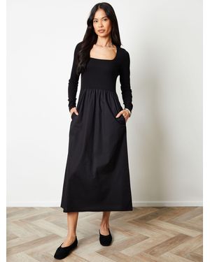 Threadbare 2-In-1 Jersey Poplin Mix Square Neck Long Sleeve Dress - Black