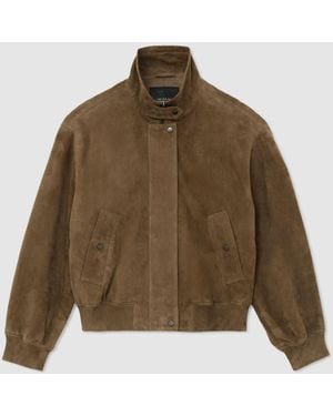 Reiss Cara - Neutral Petite Suede Funnel-neck Bomber Jacket, Us 10 - Brown
