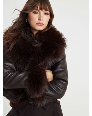 River Island Faux Fur Collar Cropped Biker Jacket - Black