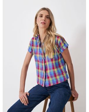 Crew Short Sleeve Check Linen Blend Shirt - White