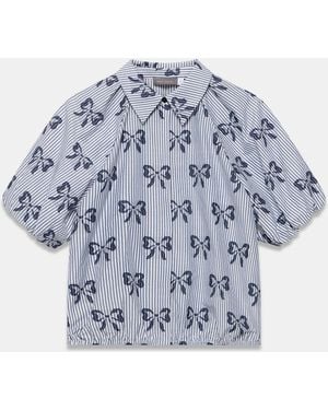 Mint Velvet Cotton Blend Striped Bow Shirt - Blue