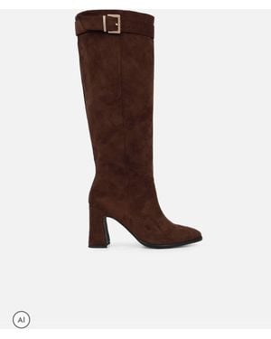 SIMMI Hudson Knee High Buckle Detail Heeled Boots - Brown