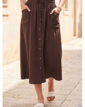 Roman Button Front Tie Midi Skirt - Brown