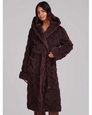 Loungeable Chevron Luxury Plush Fleece Midi Hooded Dressing Gown - Brown