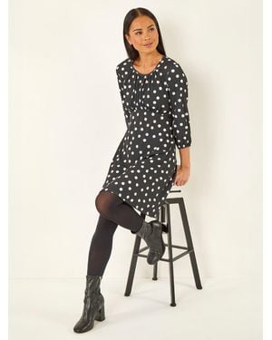 Roman Petite Polka Dot Gathered Stretch Dress - Natural