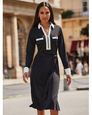 Sosandar Contrast Trim Belted Dress - Black