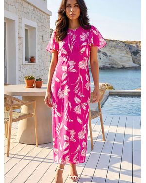 Roman Floral Print Flutter Sleeve Midi Dress - Pink