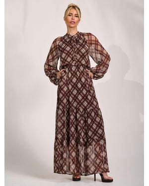 Jolie Moi Long Sleeve Tie Neck Maxi Dress - Brown
