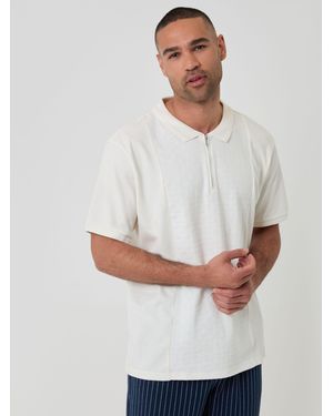Threadbare Textured Front Quarter Zip Polo Shirt - White