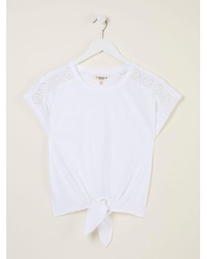 FatFace Lace Tie Front T Shirt - White