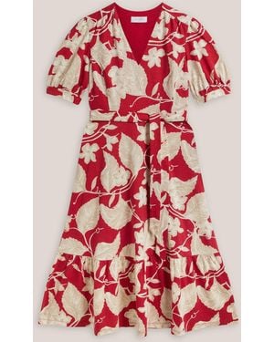 Hobbs Martha V-Neck Short Sleeve Tie Waist Jersey Midi Dress - Red