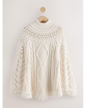 Next Ecru Knitted Long Cape Poncho With Tassels - Natural