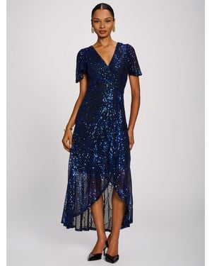Jolie Moi Sequin Angel Sleeve Dipped Hem Maxi Dress - Blue