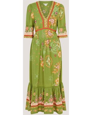 Monsoon Eline V-Neck Floral Printed Half Sleeve Maxi Dress - Green
