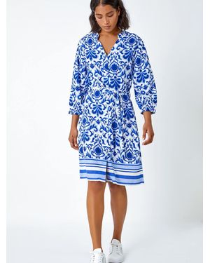 Roman Abstract Border Print Shirt Dress - Blue