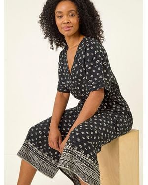 Roman Petite Border Print Cropped Jumpsuit - Black