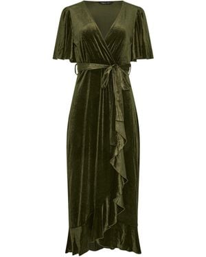 Yours Curve Moss London Velvet Ruffle Wrap Dress - Green