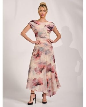 Jolie Moi Asymmetrical Draped Mesh Maxi Dress - Pink