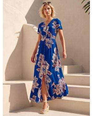 Roman Leaf Print Shirred Maxi Dress - Blue