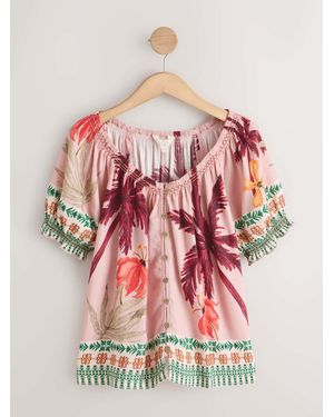 Next Palm Tree Print Puff Sleeve Bardot Top With Linen - Pink