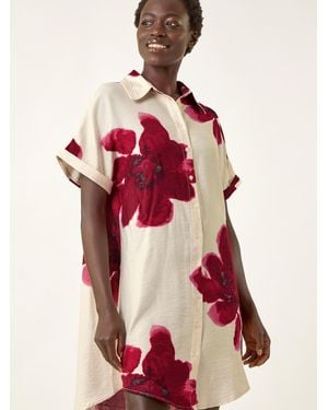 Roman Floral Print Shift Shirt Dress - Red