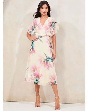 Lipsy Floral Printed Embellished Detail Fit And Flare Midi Dress - Natural