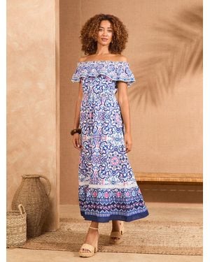Love & Roses Petite Printed 100% Cotton Bardot Ruffle Midaxi Dress - Blue