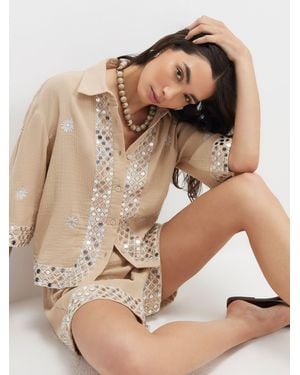 River Island Short Sleeve Sequin Embellished Beach Shirt - Natural