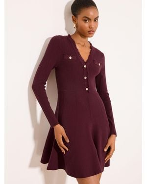 Lipsy Fringe Buttoned V-Neck Long Sleeve Mini Knitted Dress - Purple