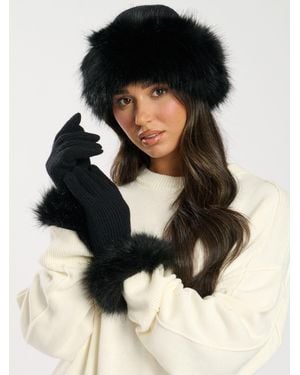South Beach Faux Fur Hat And Glove Set - Black