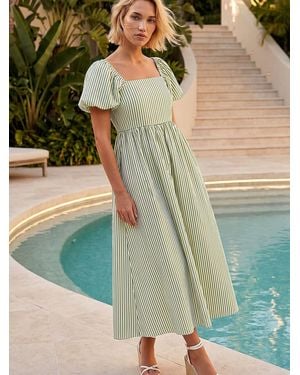 Roman Stripe Puff Sleeve Midi Dress - Green
