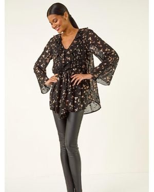 Roman Foil Heart Print Frill Front Blouse - Natural