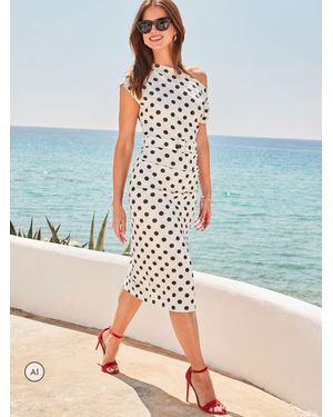Sosandar Polka Dot Print Off The Shoulder Belted Midi Dress - Blue