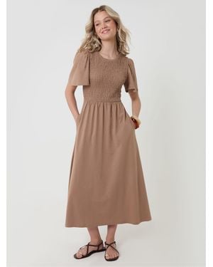 Threadbare 100% Cotton Jersey Shirred Bodice Midi Dress - Natural