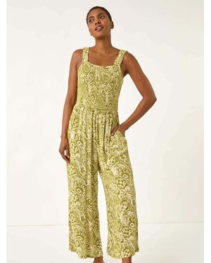 Roman Paisley Print Cropped Jumpsuit - Green